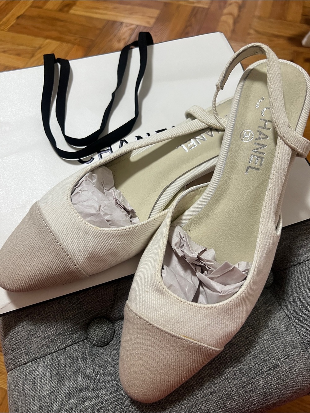 CHANEL Cream and Beige Canvas Slingback